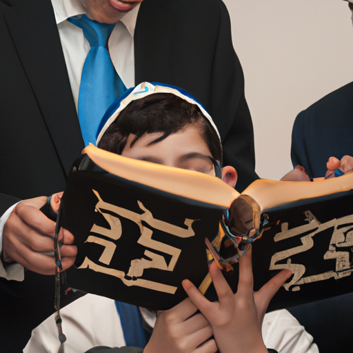 5. תמונה של נער בר מצווה קורא בתורה, מוקף במשפחתו.