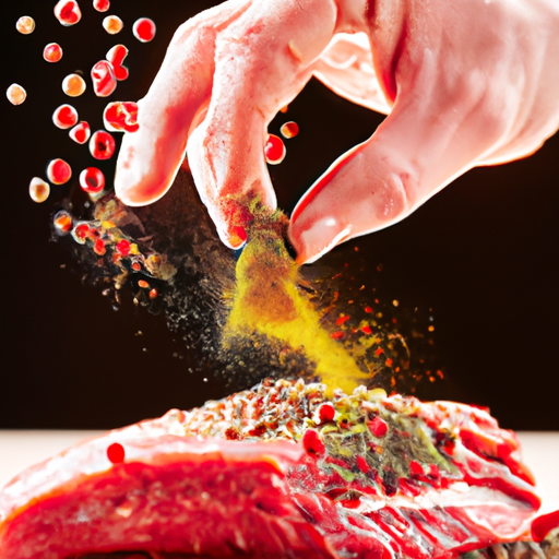 3. שף מפזר במיומנות תבלינים על נתח בשר, מדגים את אומנות התיבול המאוזן.